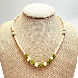 Pink Shell Peridot Gold Tone Beaded Necklace Gold Filled Clasp 16.25" L